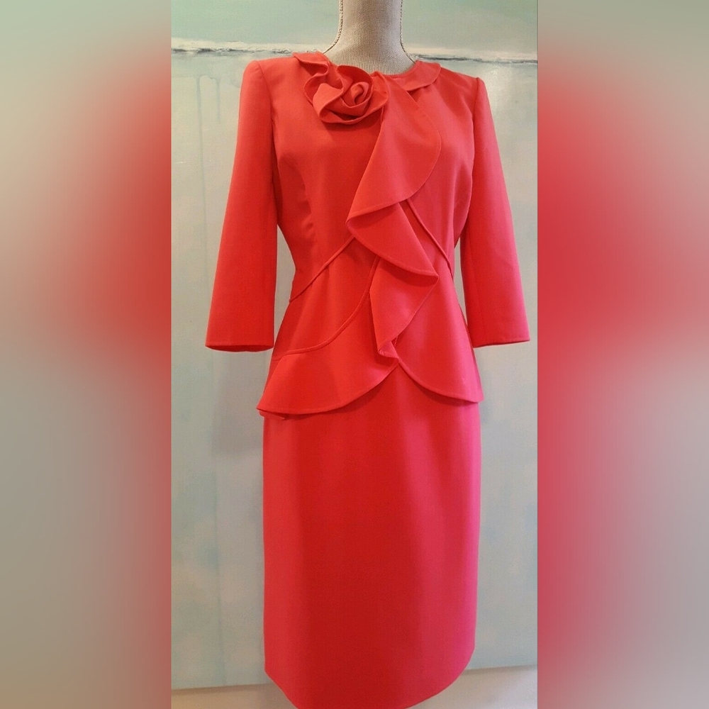 □$4,000 OSCAR DE LA RENTA BEAUTIFUL RUFFLE ROSE RED WOOL SKIRT SUIT US 6 - Picture 6 of 13